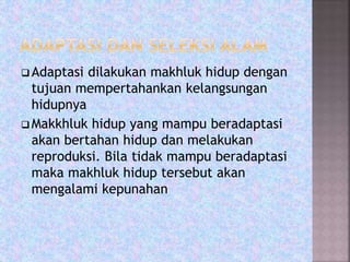  Adaptasi dilakukan makhluk hidup dengan
tujuan mempertahankan kelangsungan
hidupnya
 Makkhluk hidup yang mampu beradaptasi
akan bertahan hidup dan melakukan
reproduksi. Bila tidak mampu beradaptasi
maka makhluk hidup tersebut akan
mengalami kepunahan
 