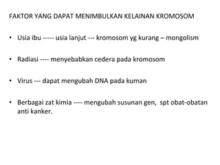 FAKTOR YANG DAPAT MENIMBULKAN KELAINAN KROMOSOM
• Usia ibu ----- usia lanjut --- kromosom yg kurang – mongolism
• Radiasi ---- menyebabkan cedera pada kromosom
• Virus --- dapat mengubah DNA pada kuman
• Berbagai zat kimia ---- mengubah susunan gen,  spt obat-obatan 
anti kanker.
 