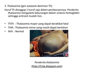 3 .Thalasemia (gen autosom dominan Th)
Huruf Th dianggap 1 huruf saja dalam pembacaannya. Penderita 
thalasemia mengalami kekurangan dalam sintesis hemoglobin 
sehingga eritrosit mudah lisis.
 
• ThTh  : Thalasemia mayor yang dapat berakibat fatal
• Thth : Thalasemia minor yang masih dapat bertahan
• thth : Normal
Penderita thalasemia
(http://3.bp.blogspot.com)
 