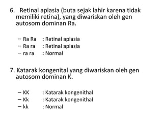 6. Retinal aplasia (buta sejak lahir karena tidak
memiliki retina), yang diwariskan oleh gen
autosom dominan Ra.
– Ra Ra : Retinal aplasia
– Ra ra : Retinal aplasia
– ra ra : Normal
7. Katarak kongenital yang diwariskan oleh gen
autosom dominan K.
– KK : Katarak kongenithal
– Kk : Katarak kongenithal
– kk : Normal
 