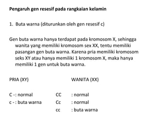 Pengaruh gen resesif pada rangkaian kelamin
1. Buta warna (diturunkan oleh gen resesif c)
Gen buta warna hanya terdapat pada kromosom X, sehingga
wanita yang memiliki kromosom sex XX, tentu memiliki
pasangan gen buta warna. Karena pria memiliki kromosom
seks XY atau hanya memiliki 1 kromosom X, maka hanya
memiliki 1 gen untuk buta warna.
PRIA (XY) WANITA (XX)
C -: normal CC : normal
c - : buta warna Cc : normal
cc : buta warna
 