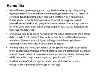 Hemofilia
• Hemofilia merupakan gangguan koagulasi herediter yang paling sering
dijumpai. Hemofilia disebabkan oleh mutasi gen faktor VIII atau faktor IX
sehingga dapat dikelompokkan menjadi hemofilia A dan hemofilia B.
Kedua gen tersebut terletak pada kromosom X, sehingga termasuk
penyakit resesif terkait –X, yang disebabkan karena tidak adanya protein
tertentu yang diperlukan untuk penggumpalan darah, atau kalaupun ada
kadarnya rendah sekali.
• Umumnya luka pada orang normal akan menutup (darah akan membeku)
dalam waktu 5 – 7 menit. Tetapi pada penderita hemofilia, darah akan
membeku 50 menit sampai 2 jam, sehingga mudah menyebabkan
kematian karena kehilangan terlalu banyak darah.
• Perempuan yang homozigot resesif untuk gen ini merupakan penderita
(Xh
Xh
), sedangkan perempuan yang heterozigot (Xh
XH
) pembekuan darahnya
normal namun ia hanya berperan sebagai pembawa / carier. Seorang laki
– laki penderita hanya mempunyai satu genotip yaitu (Xh
Y).
• Penderita hemofilia kebanyakan adalah kaum laki-laki. Karena itu
sebagian besar perempuan sebagai carrier saja
 