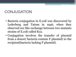 CONJUGATION
 Bacteria conjugation in E.coli was discovered by
Lederberg and Tatum in 1946, when they
observed sex like exchange between two mutants
strains of E.coli called K12.
 Conjugation involves the transfer of plasmid
from a donor( bacteria contain F plasmid) to the
recipient(bacteria lacking F plasmid).
 
