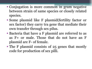  Conjugation is more common in gram negative
between strain of same species or closely related
species.
 Some plasmid like F plasmid(fertility factor or
sex factor) they carry tra gene that mediate their
own transfer through sex pilus.
 Bacteria that have a F plasmid are referred to as
as F+ or male. Those that do not have an F
plasmid are F- of female.
 The F plasmid consists of 25 genes that mostly
code for production of sex pilli.
 