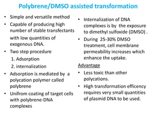 Polybrene/DMSO assisted transformation
• Simple and versatile method
• Capable of producing high
number of stable transfectants
with low quantities of
exogenous DNA.
• Two step procedure
1. Adsorption
2. internalization
• Adsorption is mediated by a
polycation polymer called
polybrene
• Unifrom coating of target cells
with polybrene-DNA
complexes
• Internalization of DNA
complexes is by the exposure
to dimethyl sulfoxide (DMSO) .
• During 25-30% DMSO
treatment, cell membrane
permeability increases which
enhance the uptake.
Advantage
• Less toxic than other
polycations.
• High transformation efficency
requires very small quantities
of plasmid DNA to be used.
 