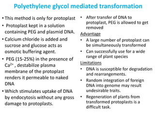 • This method is only for protoplast
• Protoplast kept in a solution
containing PEG and plasmid DNA.
• Calcium chloride is added and
sucrose and glucose acts as
osmotic buffering agent.
• PEG (15-25%) in the presence of
Ca2+ , destabilize plasma
membrane of the protoplast
renders it permeable to naked
DNA
• Which stimulates uptake of DNA
by endocytosis without any gross
damage to protoplasts.
• After transfer of DNA to
protoplast, PEG is allowed to get
removed
Advantage
• A large number of protoplast can
be simultaneously transformed
• Can successfully use for a wide
range of plant species
Limitations
• DNA is susceptible for degradation
and rearrangements.
• Random integration of foreign
DNA into genome may result
undesirable traits.
• Regeneration of plants from
transformed protoplasts is a
difficult task.
Polyethylene glycol mediated transformation
 
