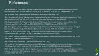 References
• [1]M. Naseem et al., “The effects of ginkgo biloba leaf extract on metabolic disturbances associated to alloxan-
induced diabetic rats,” J. Anim. Plant Sci., vol. 26, no. 3, pp. 627–635, 2016, doi: 10.1128/MMBR.67.1.16.
• [2]P. B. Moses, Gene Transfer Methods Applicable to Agricultural Organisms. 1987.
• [3]S. Mehrotra and V. Goyal, “Agrobacterium-Mediated Gene Transfer in Plants and Biosafety Considerations,” Appl.
Biochem. Biotechnol., vol. 168, no. 7, pp. 1953–1975, 2012, doi: 10.1007/s12010-012-9910-6.
• [4]G. Keshavareddy, A. R. V. Kumar, and V. S. Ramu, “Methods of Plant Transformation- A Review,” Int. J. Curr.
Microbiol. Appl. Sci., vol. 7, no. 07, pp. 2656–2668, 2018, doi: 10.20546/ijcmas.2018.707.312.
• [5]S. Rahangdale, J. Nehru, K. Vishwavidyalaya, Y. Singh, J. Nehru, and K. Vishwavidyalaya, “Advances in Biological
Sciences and Biotechnology,” Adv. Biol. Sci. Biotechnol., no. January, 2020, doi: 10.22271/int.book.11.
• [6]W. Su, M. Xu, Y. Radani, and L. Yang, “Technological Development and Application of Plant Genetic
Transformation,” Int. J. Mol. Sci., vol. 24, no. 13, 2023, doi: 10.3390/ijms241310646.
• [7]P. J. Larkin, Genetic engineering of plants — agricultural research opportunities and policy concerns, vol. 16, no. 2.
1986. doi: 10.1016/0167-8809(86)90104-0.
• [8]J. R. Zupan and P. Zambryski, “Transfer of T-DNA from,” no. 1 995.
• [9]R. Imai et al., “In planta particle bombardment (IPB): A new method for plant transformation and genome editing,”
Plant Biotechnol., vol. 37, no. 2, pp. 171–176, 2020, doi: 10.5511/PLANTBIOTECHNOLOGY.20.0206A.
• [10]Y. Zhang, Q. Zhang, and Q. J. Chen, “Agrobacterium-mediated delivery of CRISPR/Cas reagents for genome editing
in plants enters an era of ternary vector systems,” Sci. China Life Sci., vol. 63, no. 10, pp. 1491–1498, 2020, doi:
10.1007/s11427-020-1685-9.
 