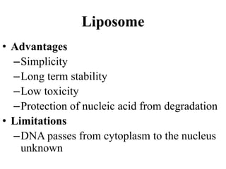 • Advantages
–Simplicity
–Long term stability
–Low toxicity
–Protection of nucleic acid from degradation
• Limitations
–DNA passes from cytoplasm to the nucleus
unknown
Liposome
 