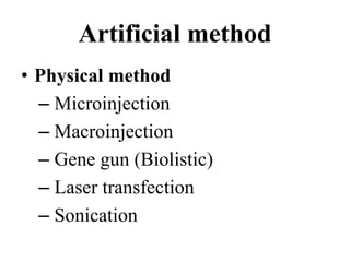 Artificial method
• Physical method
– Microinjection
– Macroinjection
– Gene gun (Biolistic)
– Laser transfection
– Sonication
 