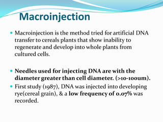 Macroinjection
 Macroinjection is the method tried for artificial DNA
transfer to cereals plants that show inability to
regenerate and develop into whole plants from
cultured cells.
 Needles used for injecting DNA are with the
diameter greater than cell diameter. (>10-100um).
 First study (1987), DNA was injected into developing
rye(cereal grain), & a low frequency of 0.07% was
recorded.
 