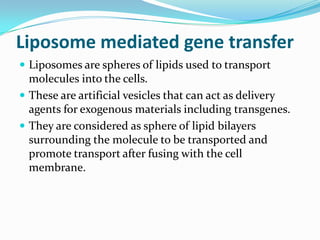 Liposome mediated gene transfer
 Liposomes are spheres of lipids used to transport
molecules into the cells.
 These are artificial vesicles that can act as delivery
agents for exogenous materials including transgenes.
 They are considered as sphere of lipid bilayers
surrounding the molecule to be transported and
promote transport after fusing with the cell
membrane.
 