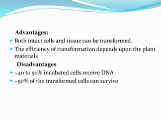 Advantages:
 Both intact cells and tissue can be transformed.
 The efficiency of transformation depends upon the plant
materials
Disadvantages
 ~40 to 50% incubated cells receive DNA
 ~50% of the transformed cells can survive
 