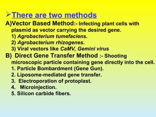 There are two methods
A)Vector Based Method:- Infecting plant cells with
plasmid as vector carrying the desired gene.
1) Agrobacterium tumefaciens.
2) Agrobacterium rhizogenes.
3) Viral vectors like CaMV, Gemini virus
B) Direct Gene Transfer Method :- Shooting
microscopic particle containing gene directly into the cell.
1. Particle Bombardment (Gene Gun).
2. Liposome-mediated gene transfer.
3. Electroporation of protoplast.
4. Microinjection.
5. Silicon carbide fibers.
 