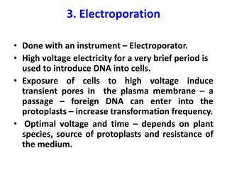 3. Electroporation
• Done with an instrument – Electroporator.
• High voltage electricity for a very brief period is
used to introduce DNA into cells.
• Exposure of cells to high voltage induce
transient pores in the plasma membrane – a
passage – foreign DNA can enter into the
protoplasts – increase transformation frequency.
• Optimal voltage and time – depends on plant
species, source of protoplasts and resistance of
the medium.
 