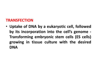TRANSFECTION
• Uptake of DNA by a eukaryotic cell, followed
by its incorporation into the cell’s genome -
Transforming embryonic stem cells (ES cells)
growing in tissue culture with the desired
DNA
 