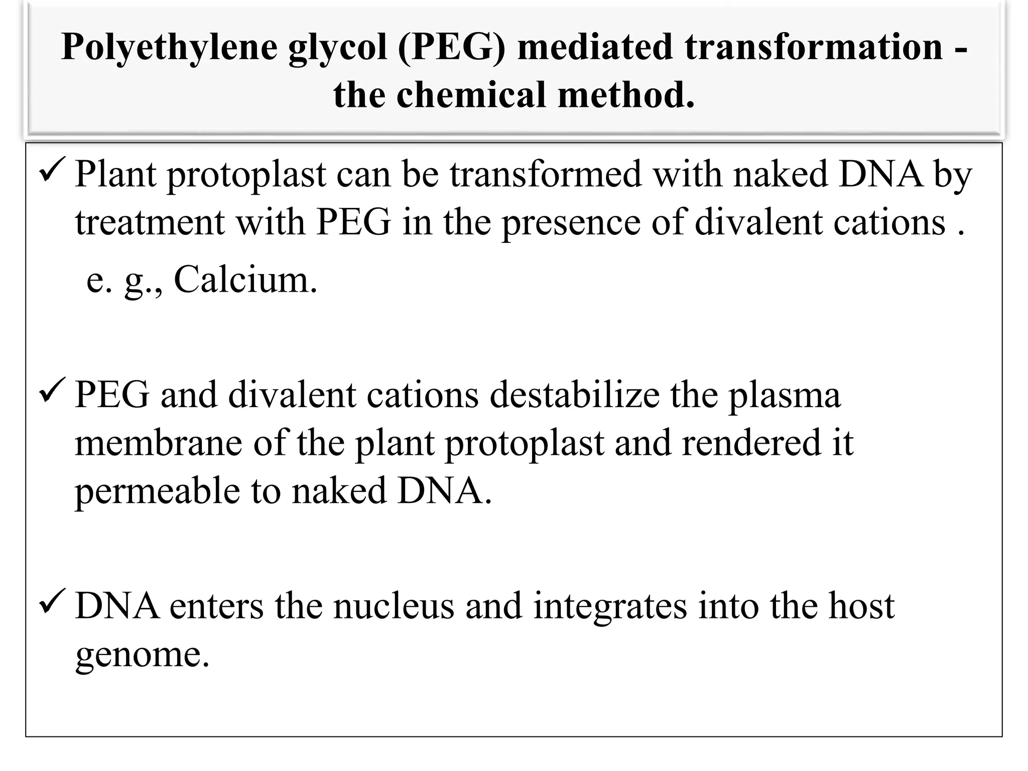 Polyethylene glycol (PEG) mediated transformation -
the chemical method.
 Plant protoplast can be transformed with naked DNA by
treatment with PEG in the presence of divalent cations .
e. g., Calcium.
 PEG and divalent cations destabilize the plasma
membrane of the plant protoplast and rendered it
permeable to naked DNA.
 DNA enters the nucleus and integrates into the host
genome.
 