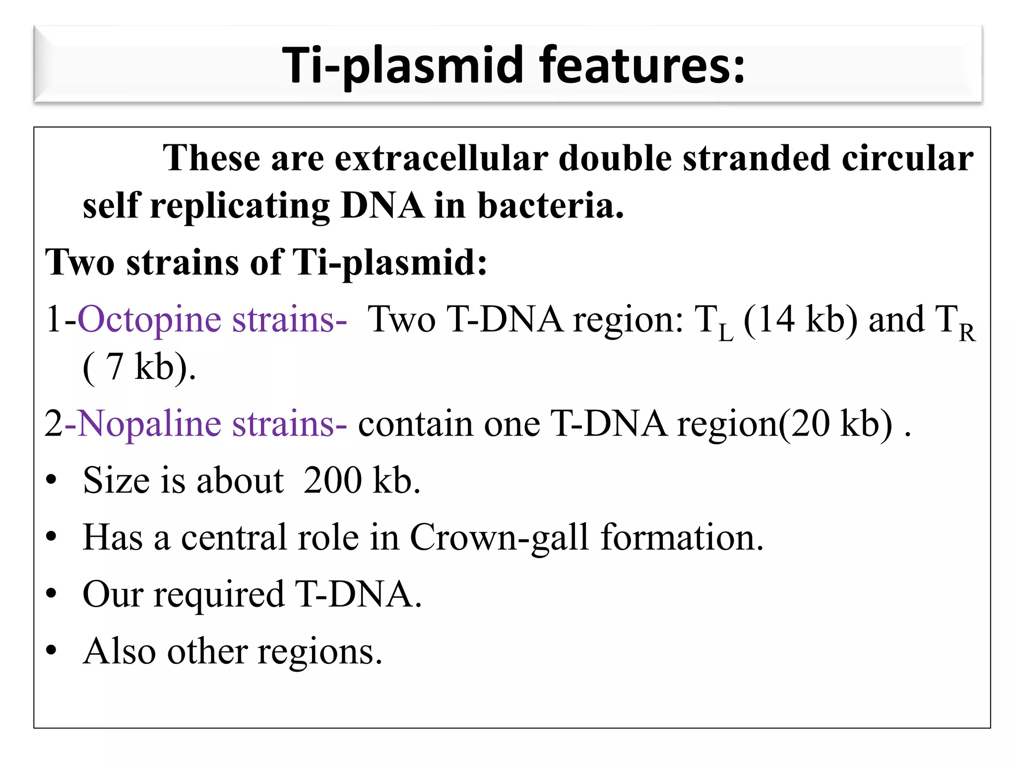 Ti-plasmid features:
These are extracellular double stranded circular
self replicating DNA in bacteria.
Two strains of Ti-plasmid:
1-Octopine strains- Two T-DNA region: TL (14 kb) and TR
( 7 kb).
2-Nopaline strains- contain one T-DNA region(20 kb) .
• Size is about 200 kb.
• Has a central role in Crown-gall formation.
• Our required T-DNA.
• Also other regions.
 