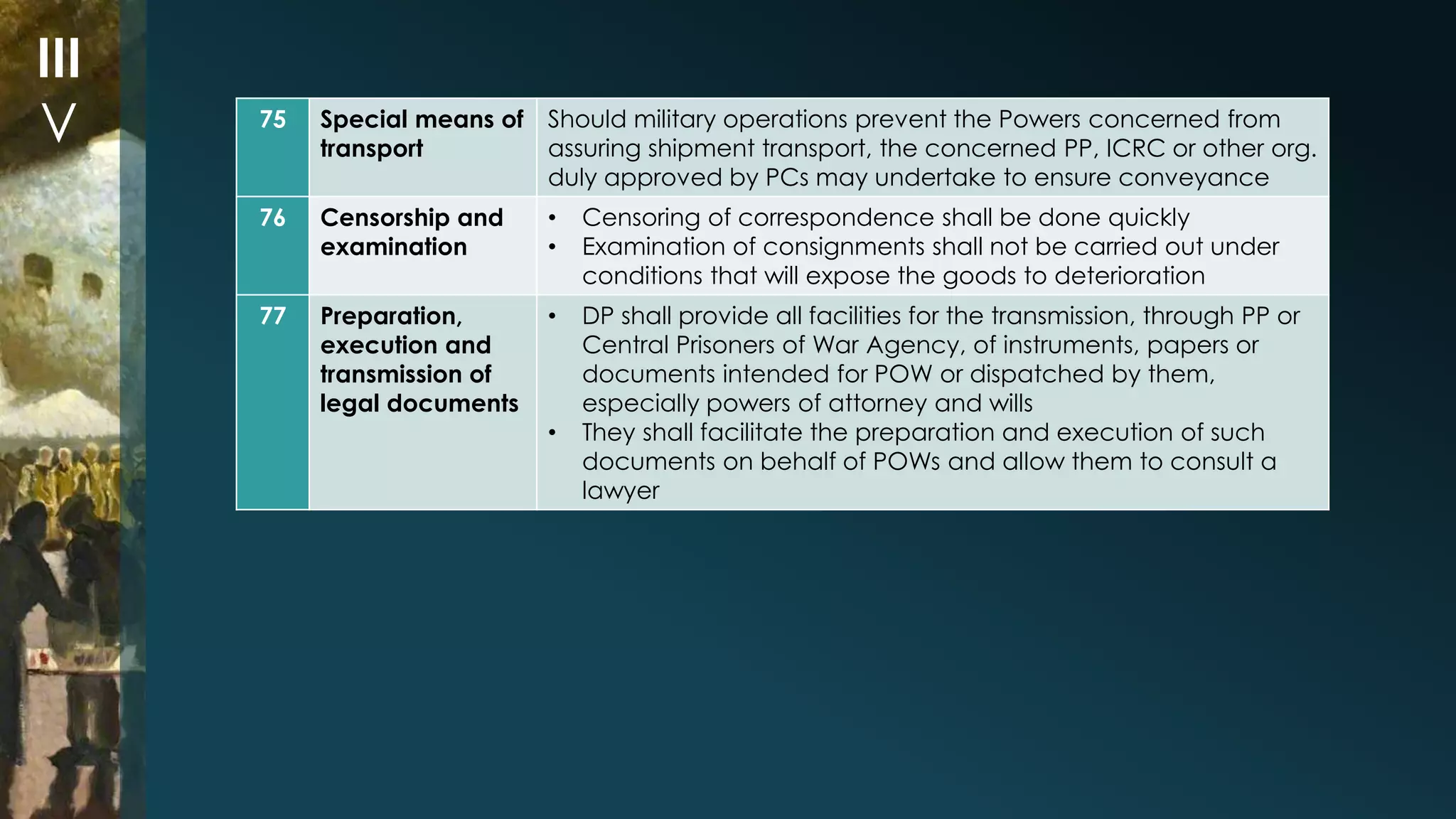 75 Special means of 
transport 
Should military operations prevent the Powers concerned from 
assuring shipment transport, the concerned PP, ICRC or other org. 
duly approved by PCs may undertake to ensure conveyance 
76 Censorship and 
examination 
• Censoring of correspondence shall be done quickly 
• Examination of consignments shall not be carried out under 
conditions that will expose the goods to deterioration 
77 Preparation, 
execution and 
transmission of 
legal documents 
• DP shall provide all facilities for the transmission, through PP or 
Central Prisoners of War Agency, of instruments, papers or 
documents intended for POW or dispatched by them, 
especially powers of attorney and wills 
• They shall facilitate the preparation and execution of such 
documents on behalf of POWs and allow them to consult a 
lawyer 
III 
V 
 