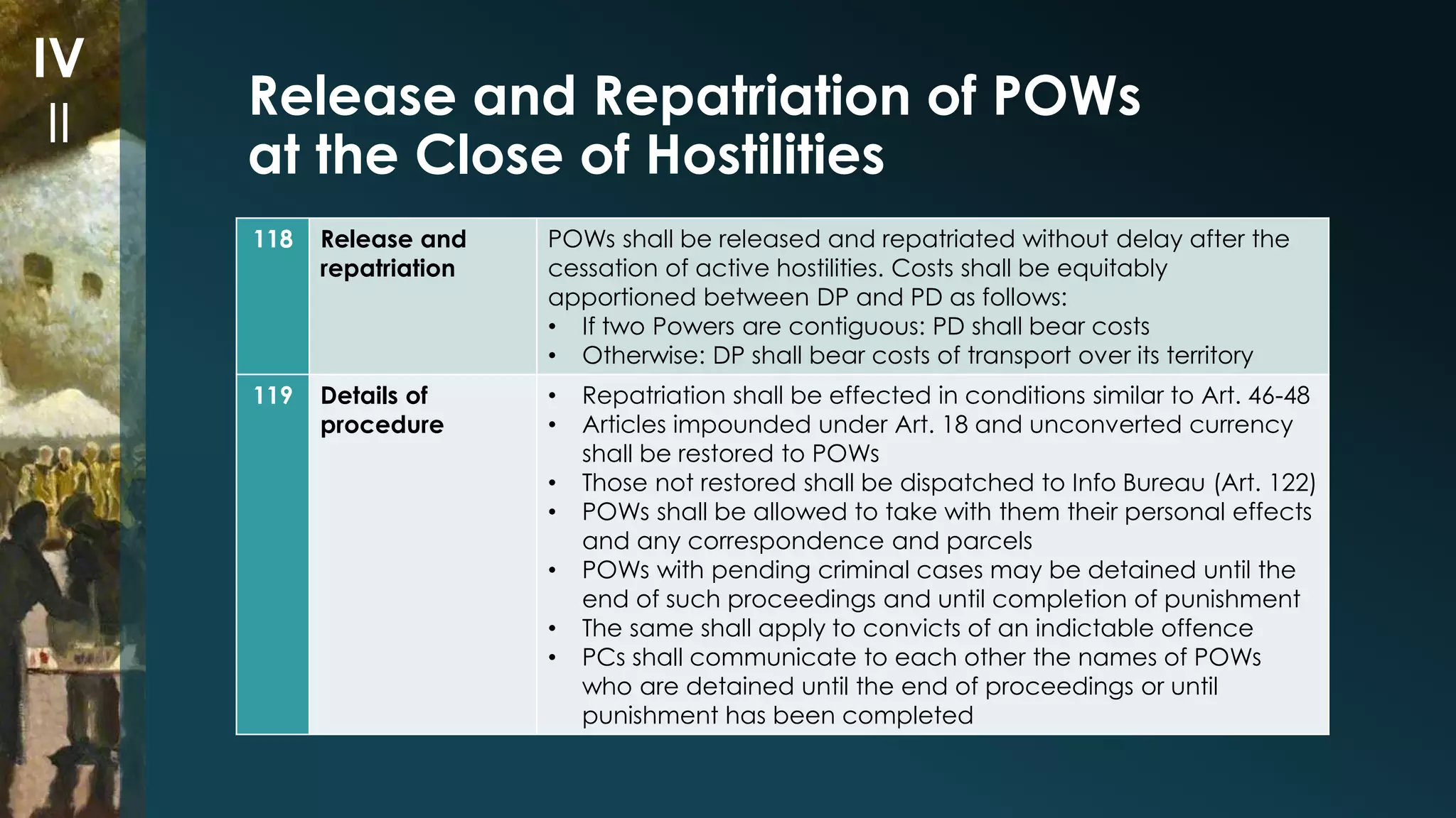 Release and Repatriation of POWs 
at the Close of Hostilities 
118 Release and 
repatriation 
POWs shall be released and repatriated without delay after the 
cessation of active hostilities. Costs shall be equitably 
apportioned between DP and PD as follows: 
• If two Powers are contiguous: PD shall bear costs 
• Otherwise: DP shall bear costs of transport over its territory 
119 Details of 
procedure 
• Repatriation shall be effected in conditions similar to Art. 46-48 
• Articles impounded under Art. 18 and unconverted currency 
shall be restored to POWs 
• Those not restored shall be dispatched to Info Bureau (Art. 122) 
• POWs shall be allowed to take with them their personal effects 
and any correspondence and parcels 
• POWs with pending criminal cases may be detained until the 
end of such proceedings and until completion of punishment 
• The same shall apply to convicts of an indictable offence 
• PCs shall communicate to each other the names of POWs 
who are detained until the end of proceedings or until 
punishment has been completed 
IV 
II 
 
