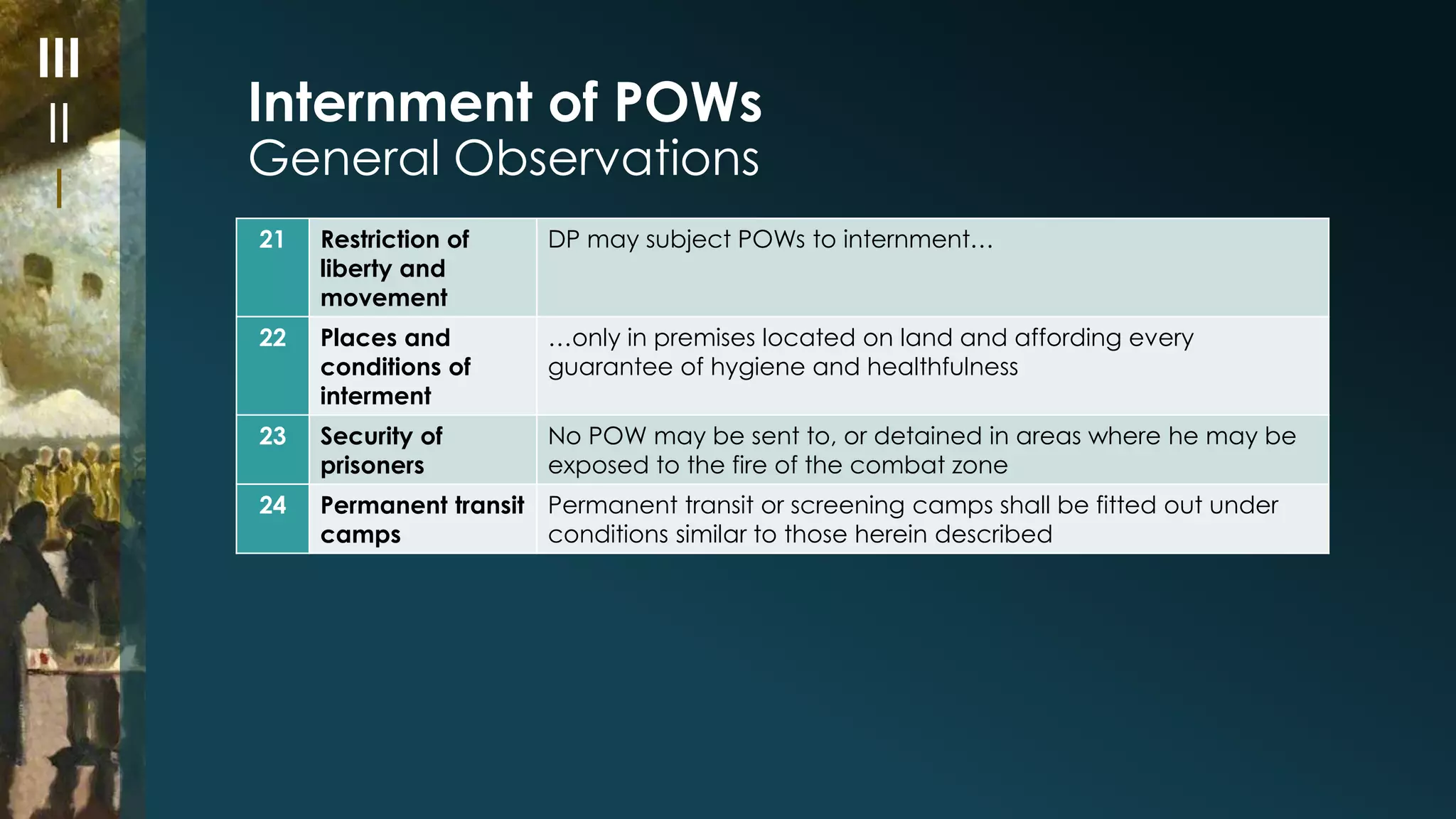 Internment of POWs 
General Observations 
21 Restriction of 
liberty and 
movement 
DP may subject POWs to internment… 
22 Places and 
conditions of 
interment 
…only in premises located on land and affording every 
guarantee of hygiene and healthfulness 
23 Security of 
prisoners 
No POW may be sent to, or detained in areas where he may be 
exposed to the fire of the combat zone 
24 Permanent transit 
camps 
Permanent transit or screening camps shall be fitted out under 
conditions similar to those herein described 
III 
II 
I 
 