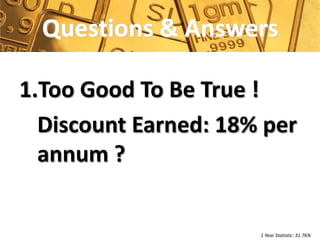 Questions & Answers

1.Too Good To Be True !
  Discount Earned: 18% per
  annum ?


                      1 Year Statistic: 31.76%
 