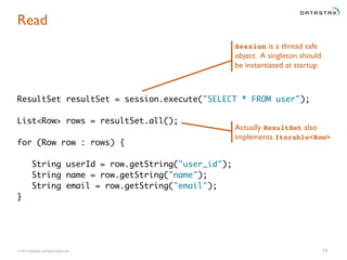 Read 
Session is a thread safe 
object. A singleton should 
be instantiated at startup 
ResultSet resultSet = session.execute("SELECT * FROM user"); 
List<Row> rows = resultSet.all(); 
for (Row row : rows) { 
String userId = row.getString("user_id"); 
String name = row.getString("name"); 
String email = row.getString("email"); 
} 
Actually ResultSet also 
implements Iterable<Row> 
© 2014 DataStax, All Rights Reserved. 11 
 