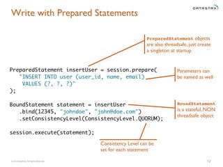 Write with Prepared Statements 
PreparedStatement objects 
are also threadsafe, just create 
a singleton at startup 
PreparedStatement insertUser = session.prepare( 
"INSERT INTO user (user_id, name, email) 
VALUES (?, ?, ?)" 
); 
BoundStatement statement = insertUser 
.bind(12345, "johndoe", "john@doe.com") 
.setConsistencyLevel(ConsistencyLevel.QUORUM); 
session.execute(statement); 
Parameters can 
be named as well 
BoundStatement 
is a stateful, NON 
threadsafe object 
Consistency Level can be 
set for each statement 
© 2014 DataStax, All Rights Reserved. 12 
 