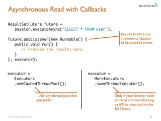 Asynchronous Read with Callbacks 
ResultSetFuture future = 
session.executeAsync("SELECT * FROM user"); 
future.addListener(new Runnable() { 
public void run() { 
// Process the results here 
} 
}, executor); 
ResultSetFuture 
implements Guava’s 
ListenableFuture 
executor = 
Executors 
.newCachedThreadPool(); 
executor = 
MoreExecutors 
.sameThreadExecutor(); 
Only if your listener code 
is trivial and non blocking 
as it’ll be executed in the 
IO Thread 
…Or any thread pool that 
you prefer 
© 2014 DataStax, All Rights Reserved. 14 
 