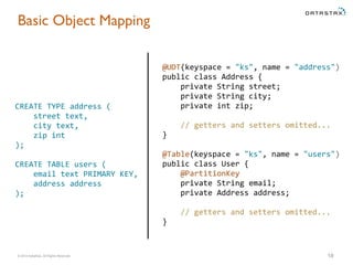 Basic Object Mapping 
CREATE 
TYPE 
address 
( 
street 
text, 
city 
text, 
zip 
int 
); 
CREATE 
TABLE 
users 
( 
email 
text 
PRIMARY 
KEY, 
address 
address 
); 
@UDT(keyspace 
= 
"ks", 
name 
= 
"address") 
public 
class 
Address 
{ 
private 
String 
street; 
private 
String 
city; 
private 
int 
zip; 
// 
getters 
and 
setters 
omitted... 
} 
@Table(keyspace 
= 
"ks", 
name 
= 
"users") 
public 
class 
User 
{ 
@PartitionKey 
private 
String 
email; 
private 
Address 
address; 
// 
getters 
and 
setters 
omitted... 
} 
© 2014 DataStax, All Rights Reserved. 18 
 