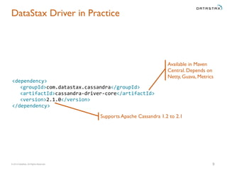 DataStax Driver in Practice 
<dependency> 
<groupId>com.datastax.cassandra</groupId> 
<artifactId>cassandra-­‐driver-­‐core</artifactId> 
<version>2.1.0</version> 
</dependency> 
Available in Maven 
Central. Depends on 
Netty, Guava, Metrics 
Supports Apache Cassandra 1.2 to 2.1 
© 2014 DataStax, All Rights Reserved. 9 
 