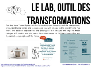 http://nytlabs.com http://nytlabs.com/projects/table.html
http://www.internetactu.net/2014/09/02/de-la-sociabilite-des-objets-que-lon-porte/
http://www.superpublic.fr http://la27eregion.fr
Le Lab, outil des
transformations
 