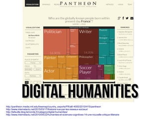http://pantheon.media.mit.edu/treemap/country_exports/FR/all/-4000/2010/H15/pantheon
http://www.internetactu.net/2015/03/17/lhistoire-vue-par-les-reseaux-sociaux/
http://lafeuille.blog.lemonde.fr/category/digital-humanities/
http://www.internetactu.net/2010/04/22/humanites-et-sciences-cognitives-14-une-nouvelle-critique-litteraire
digital Humanitiesdigital Humanities
 