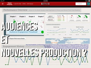 AUDIENCESAUDIENCES
ETET
NOUVELLES production ?NOUVELLES production ?
http://www.theatlantic.com/technology/archive/2014/01/how-netflix-reverse-engineered-hollywood/282679/?single_page=true
http://lafeuille.blog.lemonde.fr/2012/09/03/hiptype-la-publication-guidee-par-les-donnees/
http://lafeuille.blog.lemonde.fr/2012/03/15/mesurer-le-marketing-du-livre-en-temps-reel/
http://lafeuille.blog.lemonde.fr/2014/10/13/publier-a-lere-des-big-data/
 