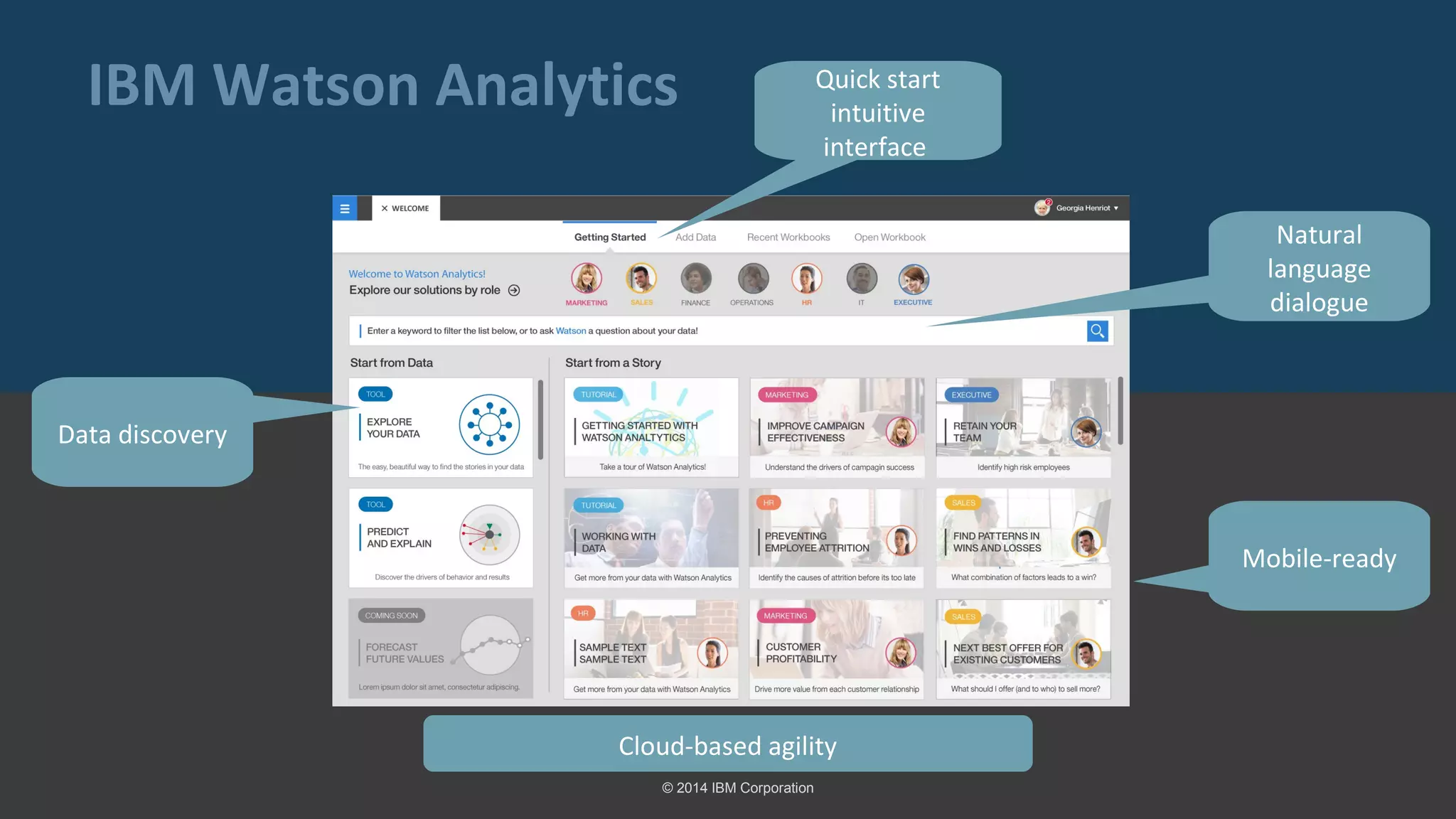 IBM Watson Analytics 
© 2014 IBM Corporation 
Natural 
language 
dialogue 
Cloud-based agility 
Data discovery 
Quick start 
intuitive 
interface 
Mobile-ready 
 