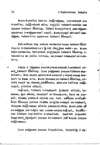 15 L'habitation kabyle
M ara d-yeffey bab—is degg—ehjhani» yer—webran ara
d-yeffey. Segg-ebraH akin, t e ^ i l i tebburt-ennidn Ima
qqaren tabburt bèefrag. Tikwal ttseqqifen—t anm-ehjham.ï
qqarn-as i-web^ham-enn1- asqif. Marayseqqf akk-enn^ anm-
ehtjam, tabburt—is qqarn-as tabburt êêesqif.
Éul—elhara deg zedyen watmaten tesea tabburt fibef-
rag-is d-ibubeddar-is i tt-idd ihejjben wehd-es. U ara
bdun watmaten» kul—yiwen ye|tewqim tabburt bbefrag i *
lwacul-is ma y e l l a l i t t s e e , ma yezmer i-wmesruf el-leB-
ni-s.
Lhara d iljhamen yecrek yiwen webraH, tezdukkel y i —
wetjtebburt Êbefrag. LLan yehijamen yesean tibbura mqa-
balent j Uan wiyad myezzin-d s-weerur i wiyad eseaji tab-
burt ta ttama n-ta. U ara tkecmed si-tebburt êbefrag» a t —
tafd asqif dg ebnant_tdeÊê;anin. Akknara teffyed segg-
esqif, attafed elhara.
Deg-zal, tibbura 1—leqbayel tyimint ellint» l a -
meena» has akk'en» aberran1 urikeççmara, haca ma y sa—
wel. Alamma yebda-d ettlam ara tent seêêren s-etseÊ-
êart bbesyar yellan tlehftu siJgiha n-da^el en-tebburt,
tkeççem degg-emnar u f e l l a yebnan di-lHid. M ara ruhn aê
at-weVjham yel-létyla ney s anda-nnidendeg-zal, ttsekfei-
ren tibbura y e r - d e f f i r s—elmeftah. Lmeftah yeteeddi
degg—iwet_J;herhalt yersan di—tebburt yaé ttayed yersan
degg-emnar.
LLan yehljamen yesean t i y u r f a t i n . TayurfeiJ d ah,-
 