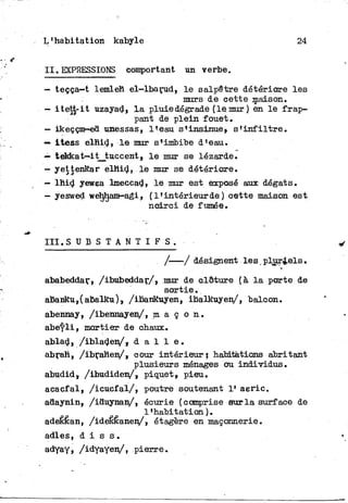 L'habitation kabyle 24
I I . EXPRESSIONS comportant un verbe.
— teçça—t lemleh el-lbarud, l e salpêtre détériore l e s
murs de eette maison.
— i t e t j - i t uzayad» l a pluie dégrade (le mur) en l e frap-
pant de plein fouet.
— ikeççm-ed unessas, Heau s'insinue* s ' i n f i l t r e .
itess elhid, l e mur s'imbibe d'eau.
— tekkat—itjtuccent, l e mur se lézarde.
— yetteriRar elhid, l e mur se détériore.
— l h i d yewea lmeccad, l e mur est exposé aux dégâts.
— yeswed wéhljam-agi, ( l'intérieurde ) cette maison est
n o i r c i de fumée.
I I I . S U B S T A N T I F S .
/ — / désignent les p l u r i e l s ,
ababeddar» /ibubeddar/, mur de clôture (à l a porte de
sortie.
aBariRu,(abalku), /ibarikuyen, ibalRuyen/, balcon,
abennay, /ibennayen/, m a ç o n ,
abeyli, mortier de chaux,
ablad, /ibladen/» d a l l e .
abrah, /ibrahen/* cour intérieur; habitations abritant
plusieurs ménages ou individus,
abudid, /ibudiden/, piquet, pieu.
acacfal, / i c u c f a l / , poutre soutenant 1' aeric.
adaynin, /iduynan/, écurie (comprise sur l a surface de
1 ''habitation ).
adeêkan, /idésêanen/» étagère en maçonnerie.
adles, d i s s .
adyay, /idyayen/, pierre.
 