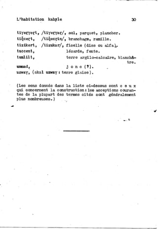 L'habitation kabyle 30
tiYeryert, /tiyerYar/, s o l , parquet, plancher.
tiqcert, / t i q e c r i n / , branchage» ramille.
t i z i k e r t , /tizukar/, f i c e l l e (diss ou alfa)..
tuccent, lézarde, fente.
t u m l i l t , terre argilo-calcaire, blanchâ-
t r e .
ummad, 3 o n c (.? ).
uzway, (akal uzwayt terre glaise).
(Les sens donnés dans l a l i s t e ci-dessus sont c e u x
qui concernent l a construction : les acceptions couran-
tes de l a plupart des termes cités sont généralement
plus nombreuses.)
 
