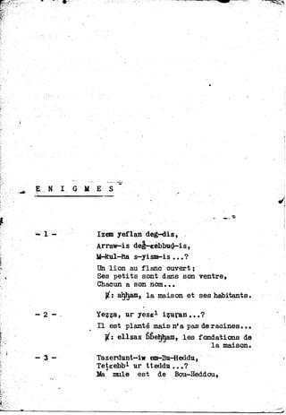 Izem yeflan deg-dis,
Arraw-is deg—eeJabud-is,
M-kul-ha s-yism-is ...?
Un lion au flanc ouvert ;
Ses petits sont dans son ventre,
Chacun a son nom...
S7: abjham, la maison et ses habitants.
Yezza, ur yese1 izuran...?
Il est planté mais n'a pas déracines...
jjf: ellsas êêehljam, les fondations de
la maison.
Taserdunt-iw em-Bu-Heddu,
Teteebb1 ur tteddu...?
Ma mule est de Bou-Heddou,
 