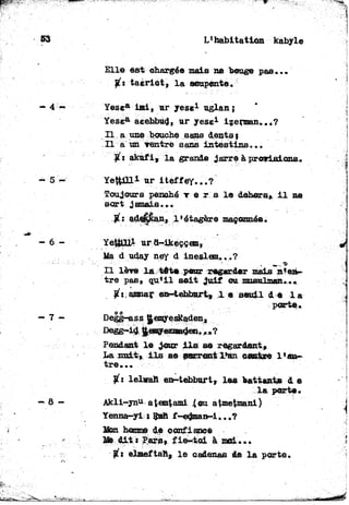 L'habitation kabyle
Elle est chargée mais ne bouge pas...
jti taériot, la soupente.
Yesea imi, ur yese1 uglan j
Yese* aeebbud, ur yese1 izerman»..?
Il a u n e beuche sans dentsj
Il a un ventre sans intestins...
^ : akufi, la grande jarre à provisions..
Yettilli ur itèffev...?
Toujours penché T e r s le dehors, il ne
sort jamais...
ade^an, l'étagère maçonnée.
Yetsftlll ur ô>rikeçoeBr
lia d uday ney d ineslem...?
Il lève la tôte peur regarder mais C e n -
tre pas, qu'il soit juif ou musulman...
}(:, amuar en-tebbttrt» 1 e aesll d e 1 a
Pendant le jour ils se regardent»
La nuit, ils se serrent l'un centre 1 ' au-
tre...
lelwan en—tebburt, les battants d e
porte.
la perte.
Akli-ynu atem^ami {m at-mefanani)
Yènna-yi s f-e^aan-l*,.?
Ifion homme de confiance
MB dit J £ars*: f ie-*toi à mai «..
-fit elmeftaft, le oadenaa de le porte.
 