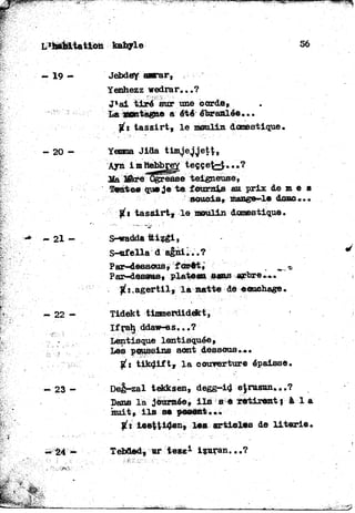 L'habitation kabyle 56
- 19 - Jebdey aarar,
Yenhezz wedrar...?
J*ai tiré BUT une oorde,
La montagne a été ébranlée...
|f. tassirt, le moulin domestique.
- 20 - Yemma Jlda tim.jegjet^,
Ayn i m nebbreV teççefc-jf.« » ?
31a Mère Ogresse teigneuse,
Teutoe que je te fournis au prix de m e s
axmois» mange—le donc...
tassirt, le moulin domestique.
- 2 1 — S-^widdaltizgi,
S-ufella d a|ni...?
Par-desaous, forêt,' ^ -
Par-dessas, plateau sens arbre...~
JÊx.agertil, la natte de eouohage.
- 22 - Tidekt timmerdidekt,
Ifrah, dda»-as...?
Lentisque lentisquée,
Les poussins sont dessous..*.
yti tikdift, la courerture épaisse.
- 23 - Deg—zal tekksen, degg-id e^rusun...?
Dans la journée, ils s e retirent i à l a
nuit, ils se posent...
J^: ioettl4en, les articles de literie.
- 24 - TebSed, ur tese1 Izuran...?
 