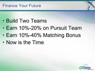 Build Two Teams Earn 10%-20% on Pursuit Team Earn 10%-40% Matching Bonus Now is the Time Finance Your Future 