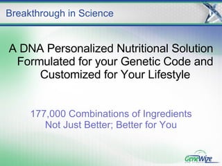 A DNA Personalized Nutritional Solution Formulated for your Genetic Code and Customized for Your Lifestyle Breakthrough in Science 177,000 Combinations of Ingredients Not Just Better; Better for You 