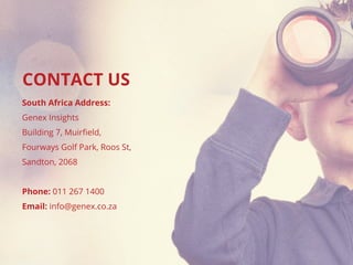 CONTACT US
South Africa Address:
Genex Insights
Building 7, Muirfield,
Fourways Golf Park, Roos St,
Sandton, 2068
Phone: 011 267 1400
Email: info@genex.co.za
 