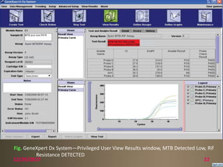 12/29/2017 22
Fig. GeneXpert Dx System—Privileged User View Results window, MTB Detected Low, Rif
Resistance DETECTED
 