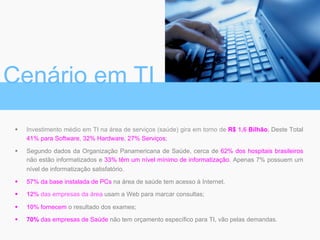 Cenário em TI
w  Investimento médio em TI na área de serviços (saúde) gira em torno de R$ 1,6 Bilhão. Deste Total
41% para Software, 32% Hardware, 27% Serviços;
w  Segundo dados da Organização Panamericana de Saúde, cerca de 62% dos hospitais brasileiros
não estão informatizados e 33% têm um nível mínimo de informatização. Apenas 7% possuem um
nível de informatização satisfatório.
w  57% da base instalada de PCs na área de saúde tem acesso à Internet.
w  12% das empresas da área usam a Web para marcar consultas;
w  10% fornecem o resultado dos exames;
w  70% das empresas de Saúde não tem orçamento específico para TI, vão pelas demandas.
 