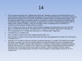 14
•   The X number describes the "collaborative distance" between a person and mathematician X as
    measured by authorship of mathematical papers.It was created by friends as a humorous tribute to
    the enormous output of X, one of the most prolific modern writers of mathematical papers, and
    has become well-known in scientific circles as a tongue-in-cheek measurement of mathematical
    prominence.To be assigned an X number, an author must co-write a mathematical paper with an
    author with a finite X number. X has an X number of zero. Anybody else's X number is k +
    1 where k is the lowest X number of any co author.
•   The Y number of an actor or actress is the number of degrees of separation he or she has from
    Bacon, as defined by the game. The higher the Y number, the farther away from Y the actor is.
•   The computation of a Y number for any actor is a "shortest path" algorithm:
•   Y himself has a Y number of 0.
•   The Y number of actors who have worked directly with Y is 1.
•   If the lowest Y number of any actor with whom the actor has appeared in a movie is N, That actor's
    Y number is N + 1
•   A person's X-Y number is the sum of one's X number and one's Y number. The lower the number,
    the closer a person is to X and Y, and this reflects a small world phenomenon in academia and
    entertainment. Notable scientists with defined X-Y numbers include popular string theorist Brian
    Greene (who has an X–Y number of 5), astronomer Carl Sagan and theoretical physicist Stephen
    Hawking. One of the best-known actors with a number is actress Natalie Portman, whose
    authorship of a psychology paper during her Harvard degree in psychology earned her an X–Y
    number of 6
 