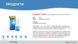 Content for strictly internal use. It is forbidden to capture images,
duplicate information or distribute without written authorization.
ПРОДУКТИ
Gengigel® спрей - За по-труднодостъпни места в устната кухина
20 ml спрей
0,01 % хиалуронова киселина
Употреба:
За трудно достъпните места.
Напръскайте 1 до 2 пъти върху по-трудно достъпното възпалено или
засегнато място поне 3 до 5 пъти на ден в продължение на най-малко 3 до
4 седмици или докато изчезнат всички симптоми на пародонтоза.
Предлага максимална практичност и лесна употреба. Лек и удобен, може
да се носи навсякъде, а с подвижния накрайник на помпичката позволява
лесно и точно нанасяне върху засегнатите места. Особено подходящ при
механично причинени рани в устата, при които директното нанасяне на
продукта е често невъзможно поради болезнена чувствителност.
 
