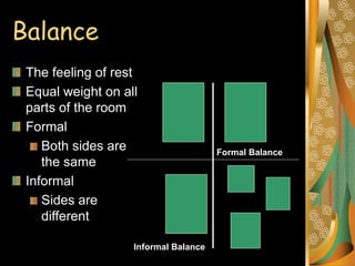 Balance
The feeling of rest
Equal weight on all
parts of the room
Formal
Both sides are
the same
Informal
Sides are
different
Informal Balance
Formal Balance
 