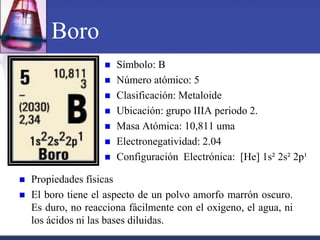 Boro
                       Símbolo: B
                       Número atómico: 5
                       Clasificación: Metaloide
                       Ubicación: grupo IIIA periodo 2.
                       Masa Atómica: 10,811 uma
                       Electronegatividad: 2.04
                       Configuración Electrónica: [He] 1s² 2s² 2p¹

   Propiedades físicas
   El boro tiene el aspecto de un polvo amorfo marrón oscuro.
    Es duro, no reacciona fácilmente con el oxigeno, el agua, ni
    los ácidos ni las bases diluidas.
 