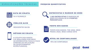 E S P E C I F I C A Ç Õ E S T É C N I C A S P E S Q U I S A Q U A N T I T A T I V A
D A T A D E C O L E T A
16 A 19/MARÇO
...